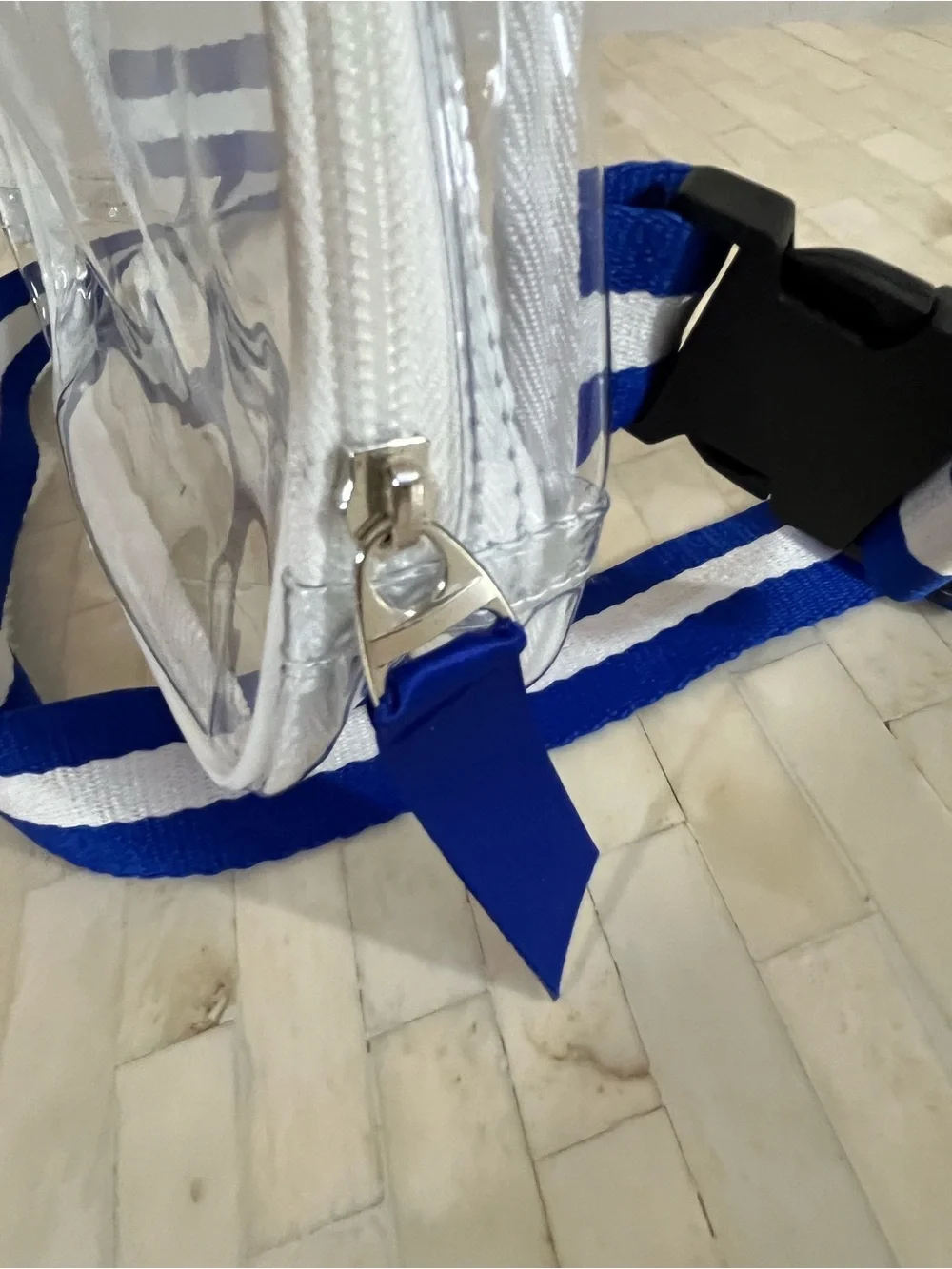 Clear Belt Bag with White Trim and Blue-White Adjustable Strap